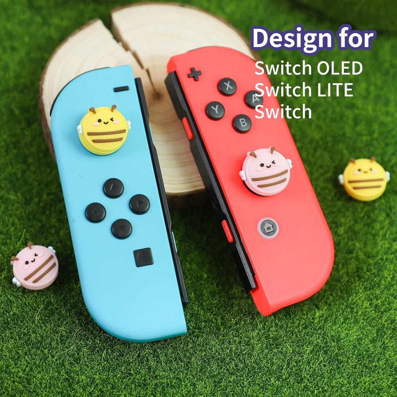 FlyingMage Switch Joycon Thumb Grips Caps, 4 PCS Cute Kawaii 3D Silicone Analog Thumbstick Button Cover Compatible with Nintendo Switch Lite/OLED Joystick Caps (Pink+Yellow Bee) - Image 2